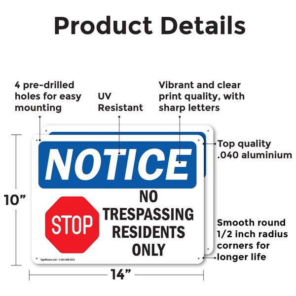 No Trespassing Residents Only OSHA Notice Sign, Aluminum, 14in W X 10in L, 2PK